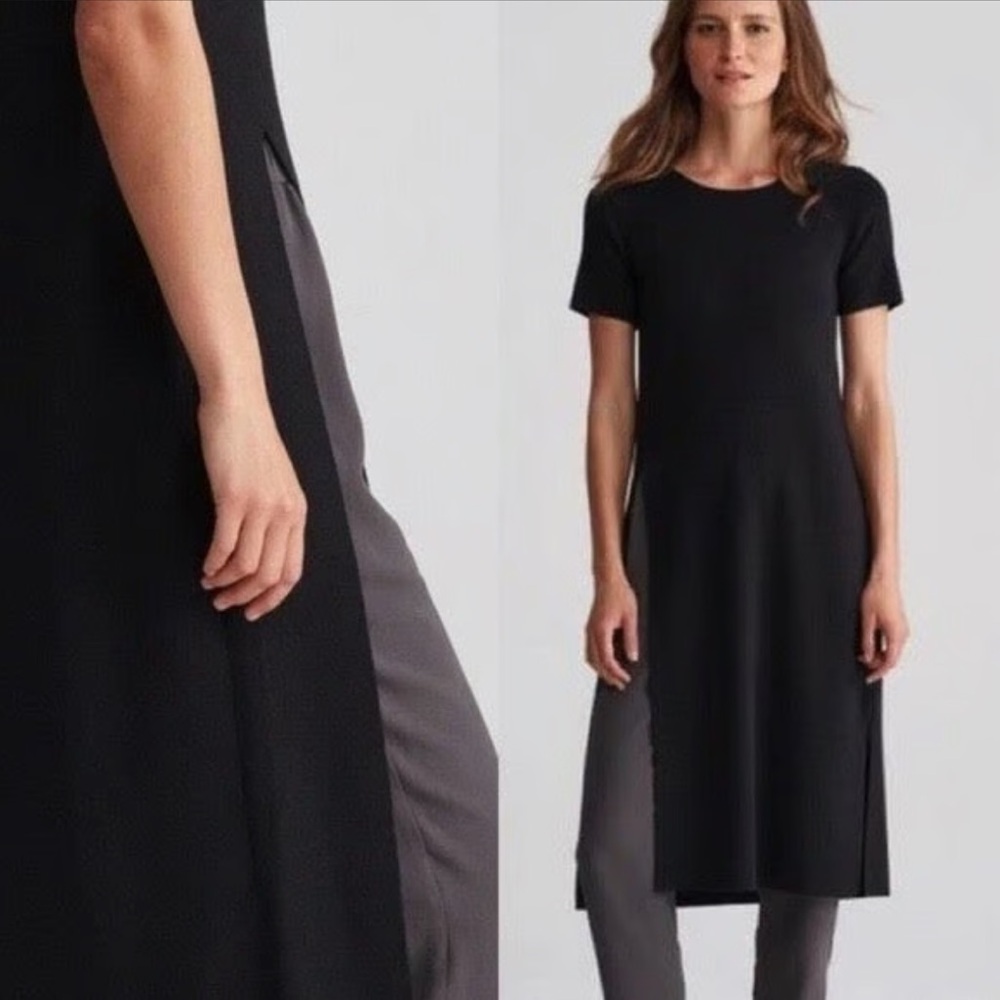 Eileen Fisher Black Tunic with Slit - washable Italian wool/crepe - petite EUC